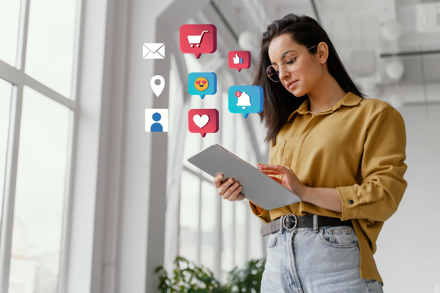 Businesswoman using tablet with CRM and digital marketing